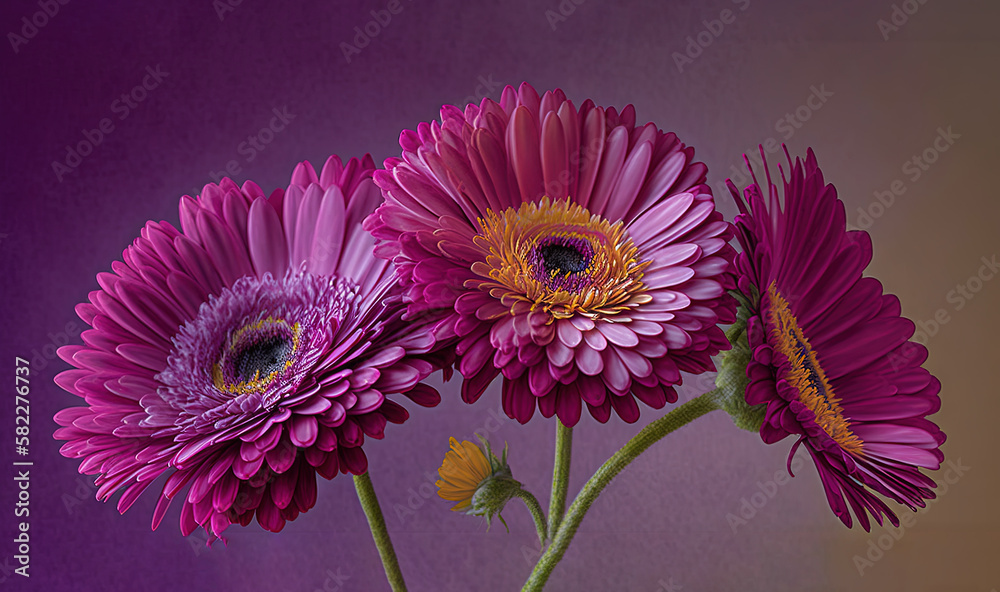  three purple flowers are in a vase on a purple tablecloth with a black border around the edges of t