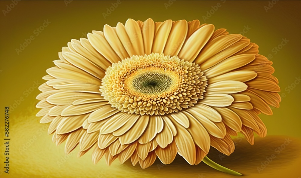  a painting of a sunflower on a yellow background with a green center surrounded by smaller petals a