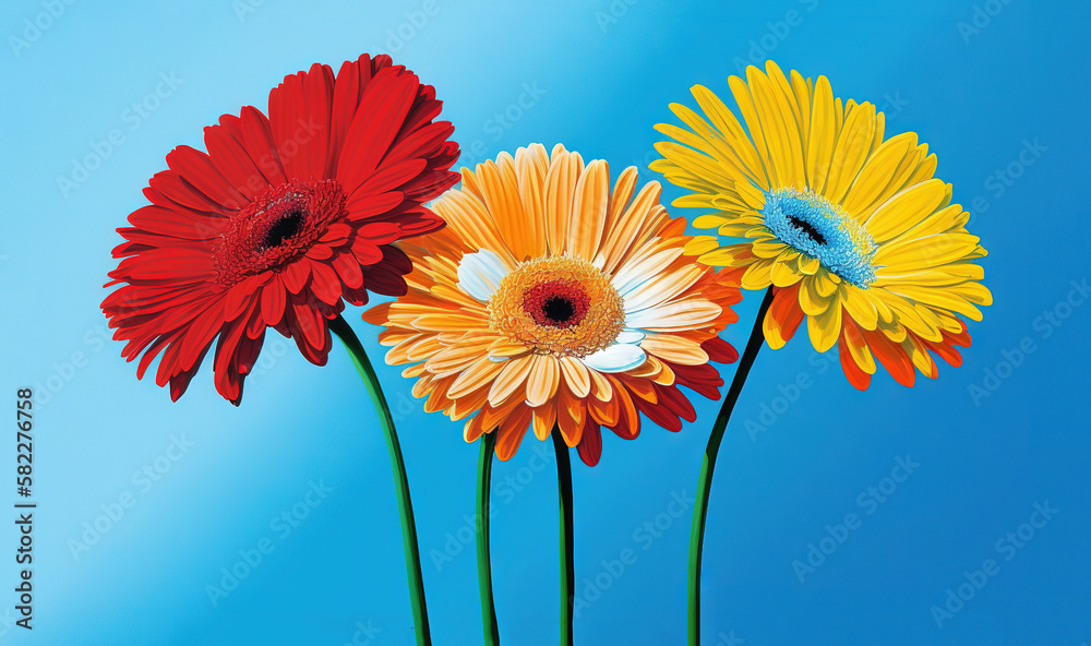  a group of three colorful gerberia flowers against a blue sky background with a white spot in the m