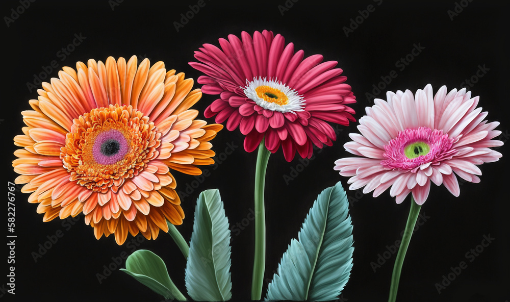  three colorful flowers are in a vase on a black background with a green leafy plant in the foregrou