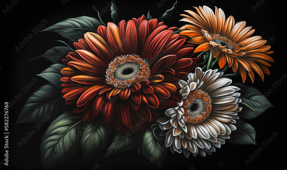  a painting of a bunch of flowers on a black background with a name written on the bottom of the pic