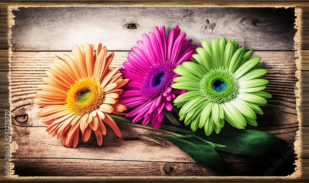  three colorful gerberia flowers on a wooden background with a green stem and a green stem in the mi