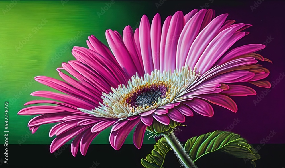  a painting of a pink flower on a green background with a green leaf in the foreground and a purple 