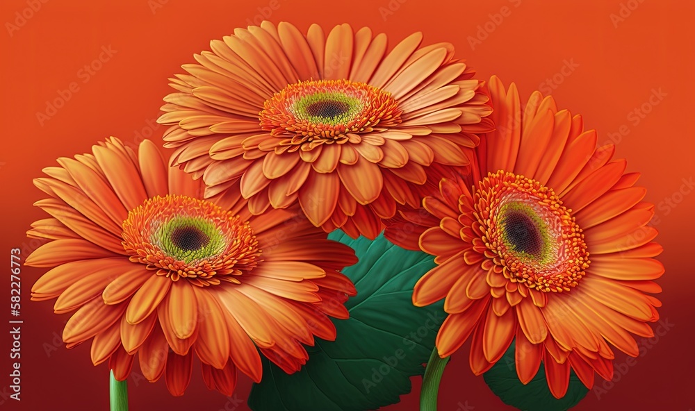  a painting of three orange flowers in a vase on a red background with a green stem and a green stem