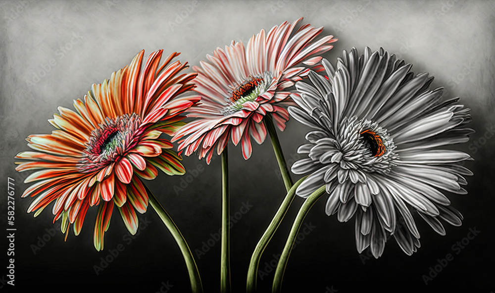  three colorful flowers in a black vase on a black tablecloth with a black background and a white bo