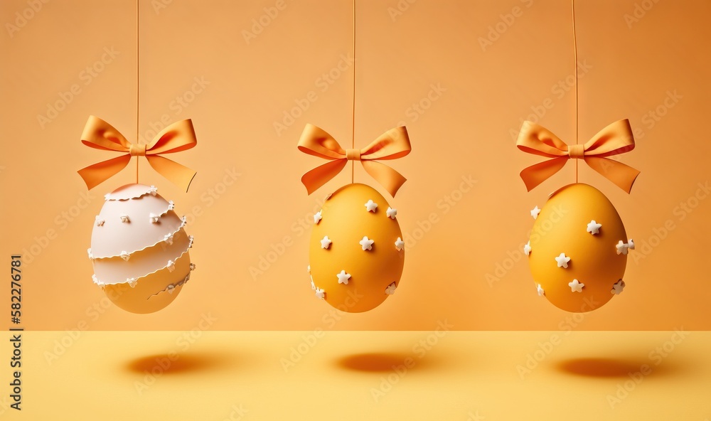  three easter eggs hanging from strings with bows and bows on them, in a row, on an orange backgroun