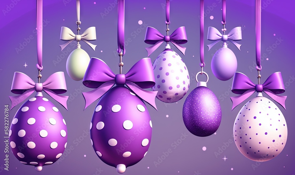  a bunch of different colored easter eggs hanging from a line with a bow on them and a purple backgr