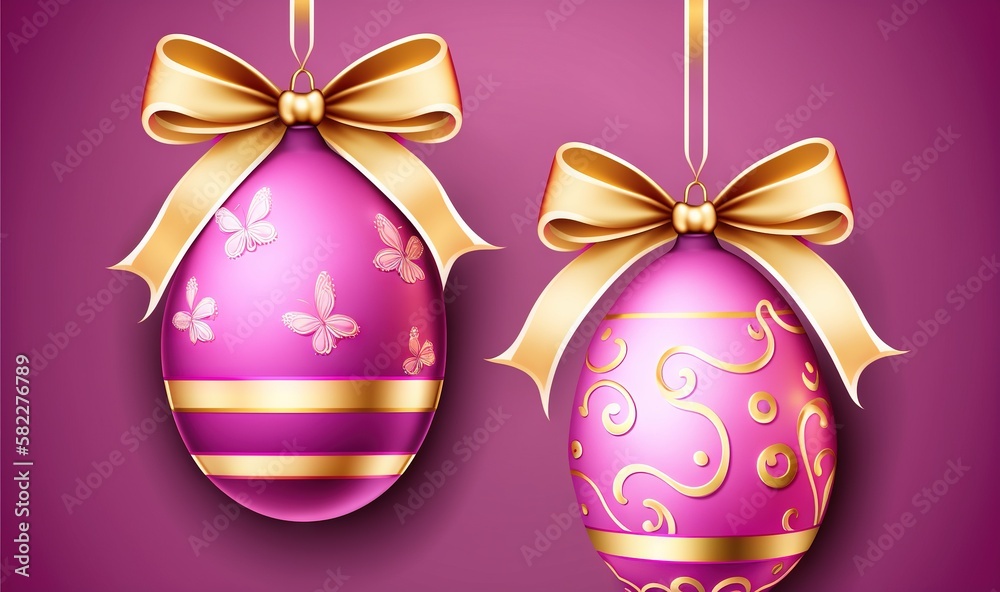  two pink christmas balls with golden bows and bows on them, hanging from strings, with a bow on the