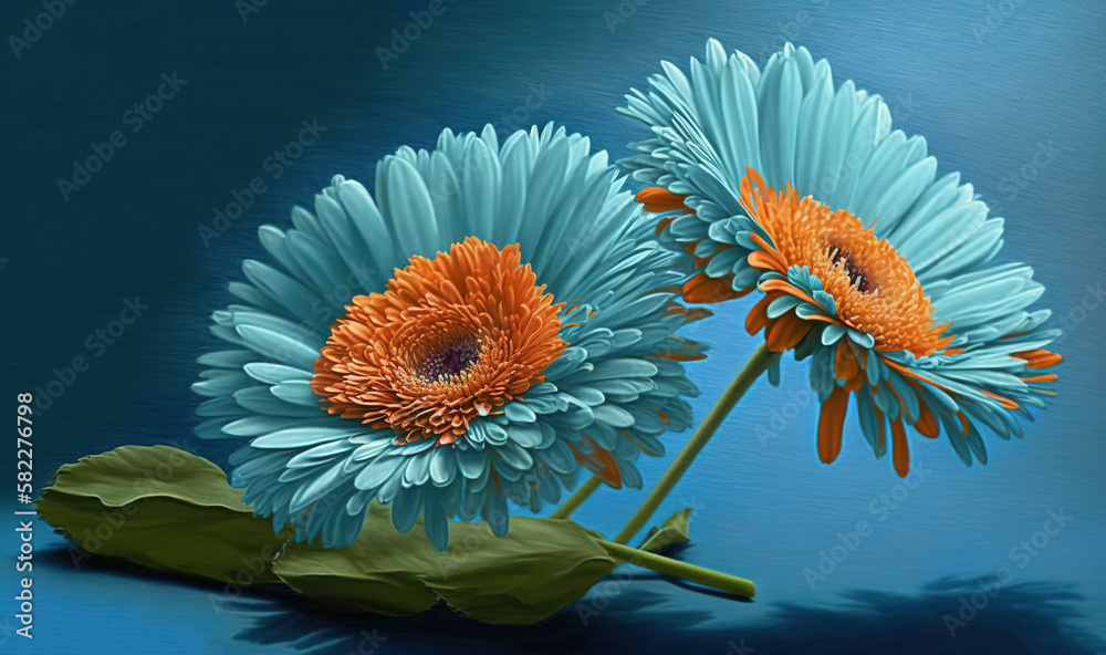  a painting of two blue and orange flowers on a blue background with a green leaf on the bottom of t