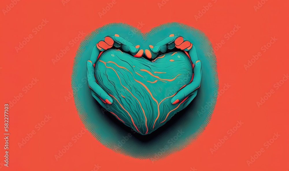  a heart with two hands holding it in the shape of a human heart on an orange background with a red 