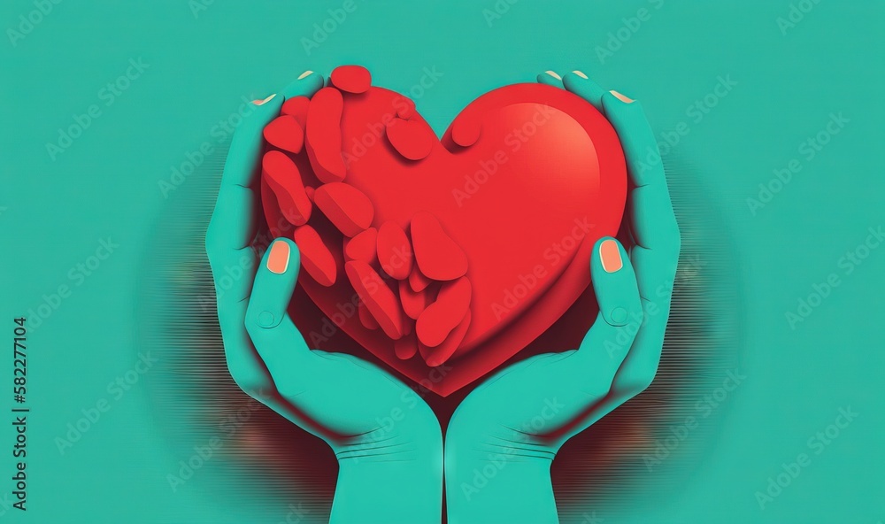  two hands holding a red heart in front of a blue background with a green background and a red heart