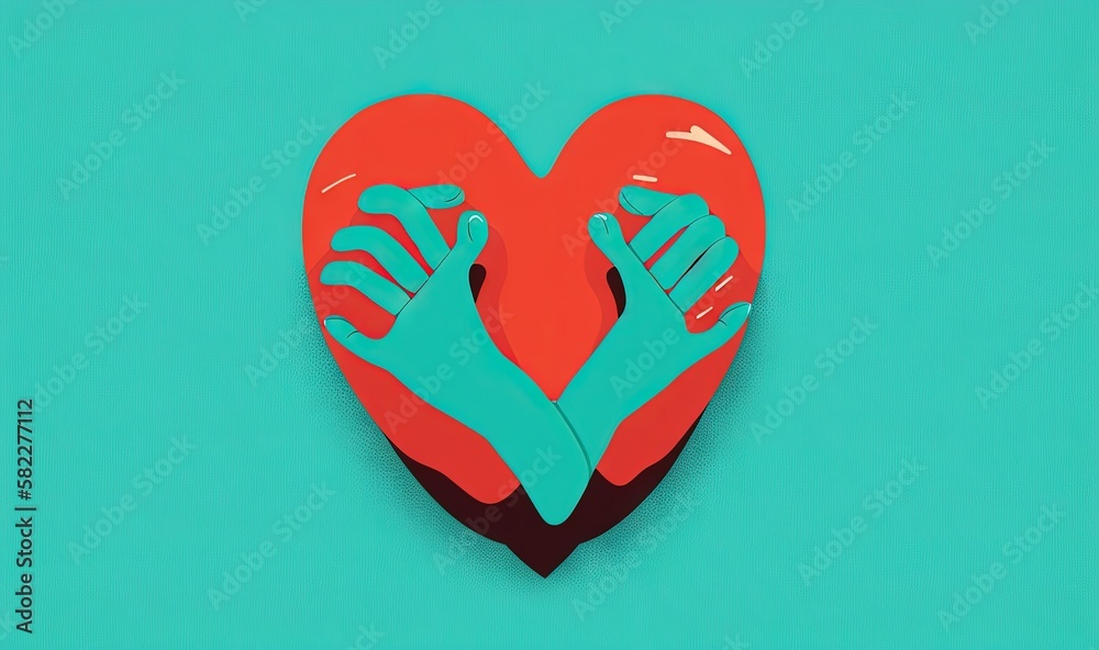  two hands holding a red heart on a blue and green background with a green background and a red hear