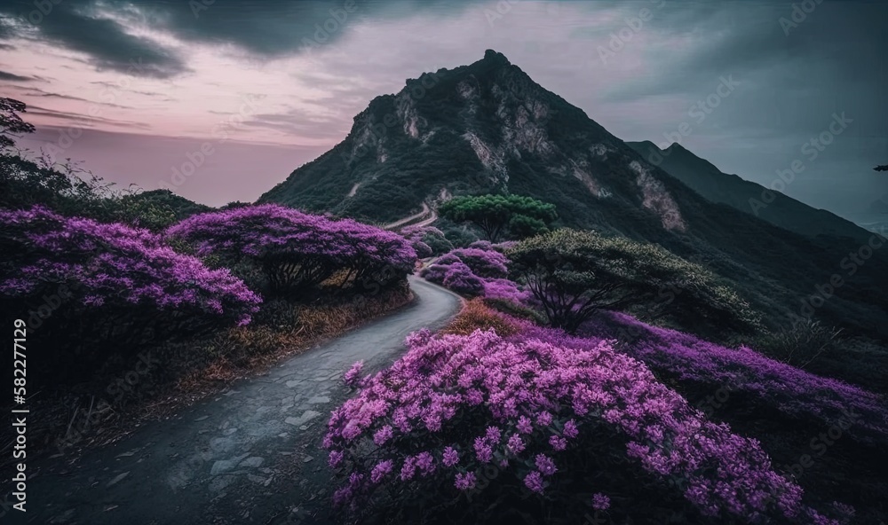  a mountain with purple flowers on the side of it and a road going up the side of the mountain to th