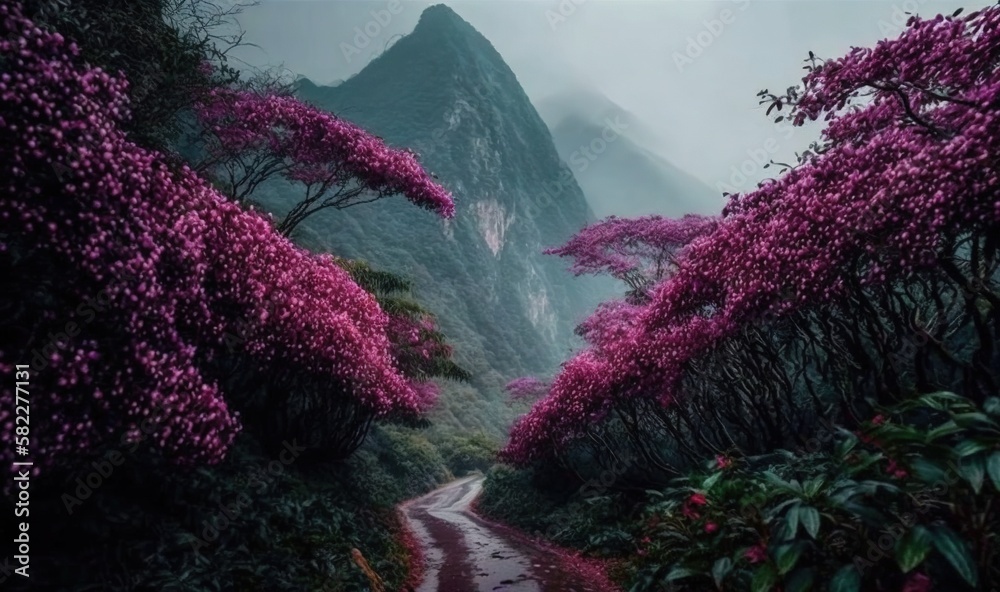  a road with purple flowers on the side of it and a mountain in the distance with a foggy sky in the