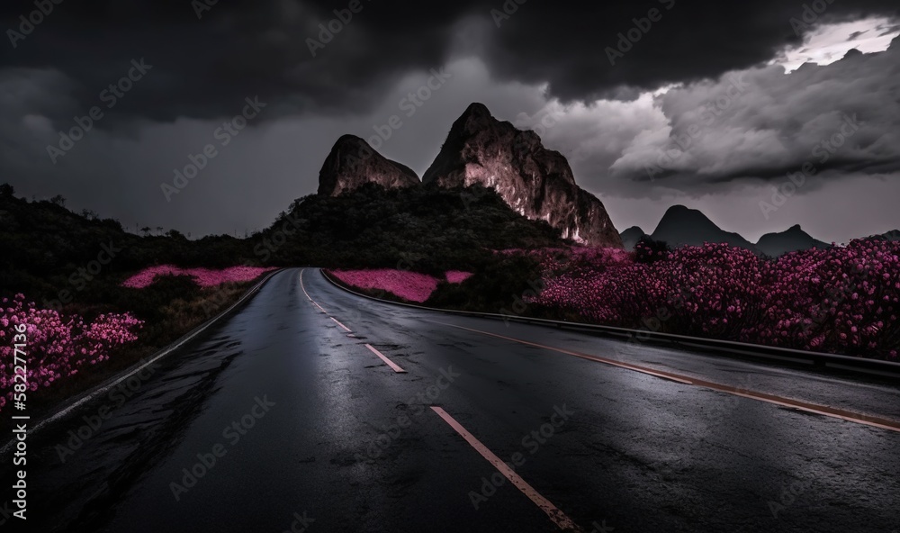  a road with a mountain in the background and pink flowers on the side of the road in the foreground