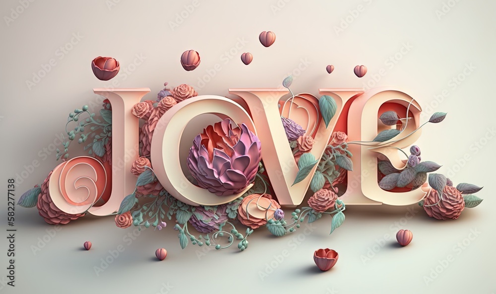  the word love is surrounded by flowers and petals on a gray background with a pink rose in the cent