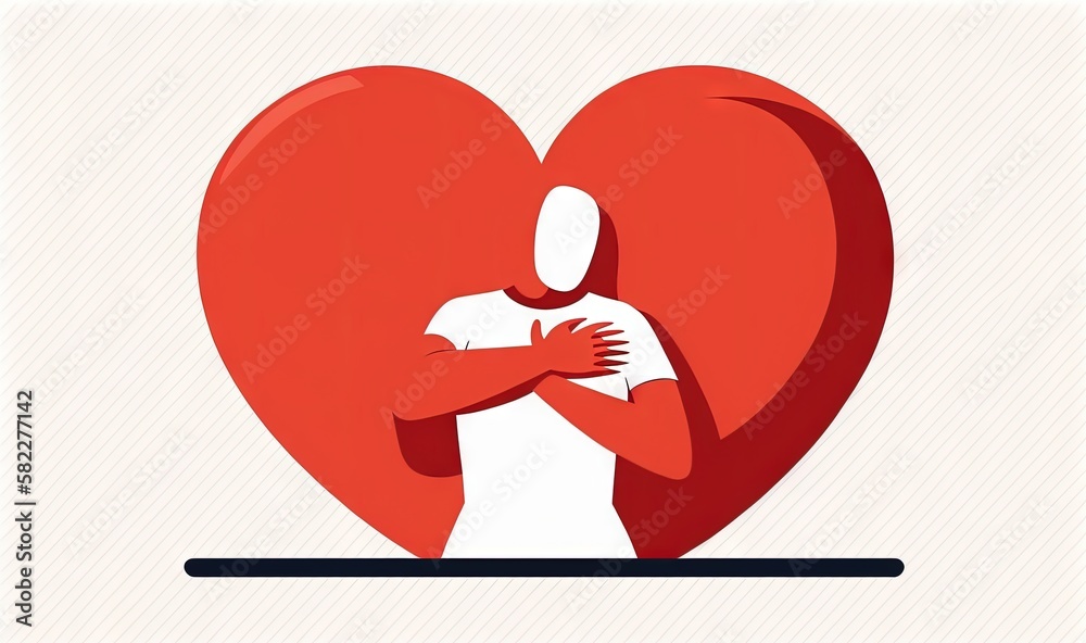  a man hugging a heart with his arms crossed in front of him, with a red heart in the middle of the 