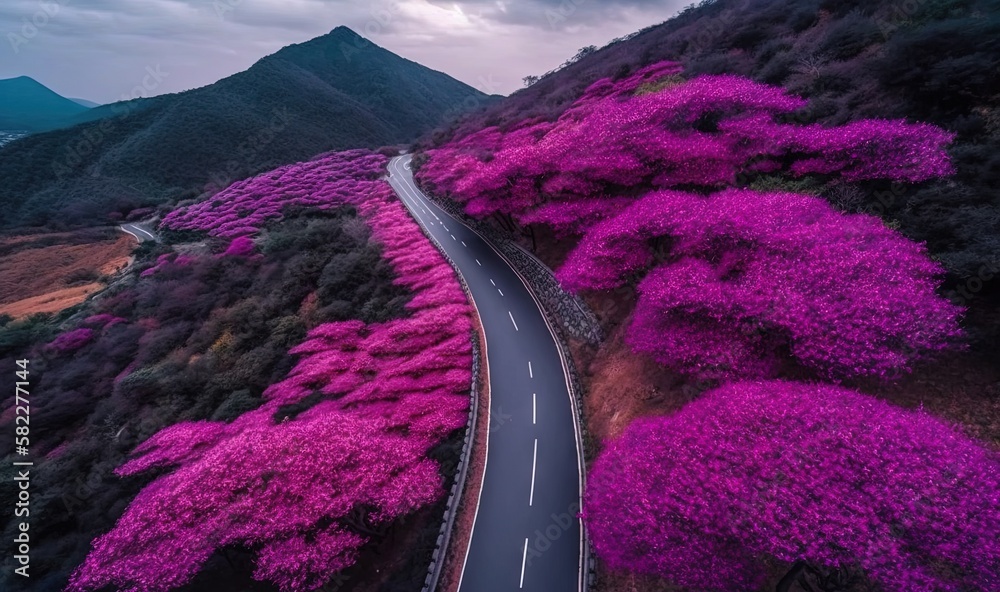  a winding road surrounded by purple flowers on the side of a mountain side in the evening time with