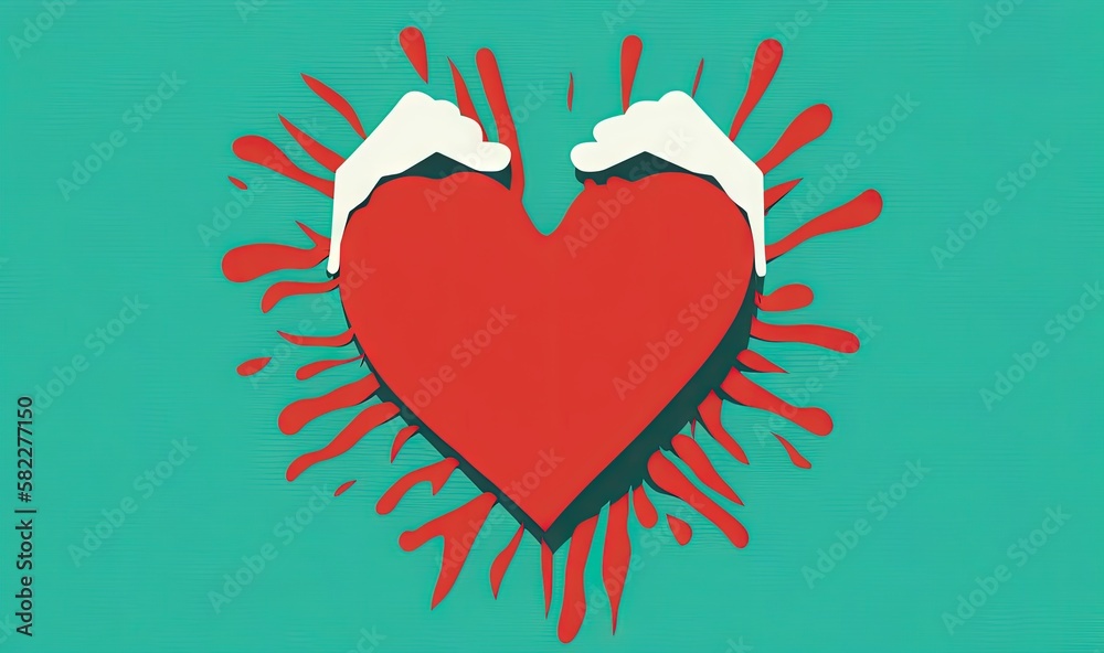  a red heart with two hands holding it in the middle of the heart is dripping paint on a green backg