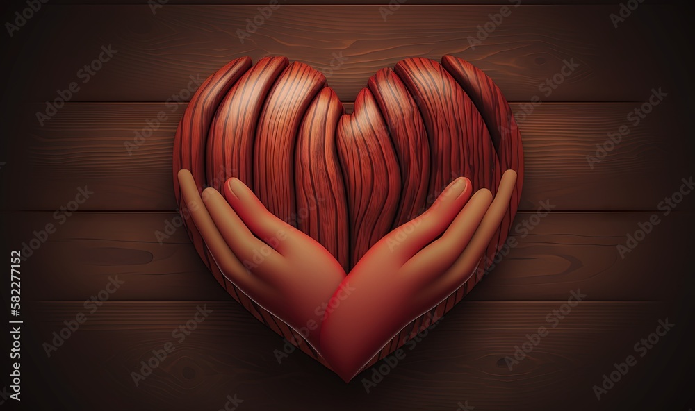  two hands holding a heart shaped object on a wooden surface with a dark wood grained surface in the