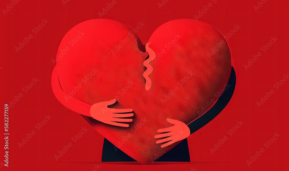  a red heart with two hands holding it in the shape of a broken heart on a red background with a bla