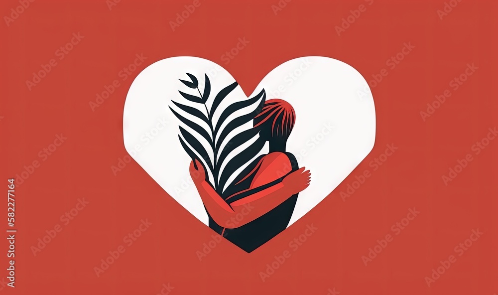  a woman holding a plant in front of a heart shaped frame with a plant in the middle of it, on a red