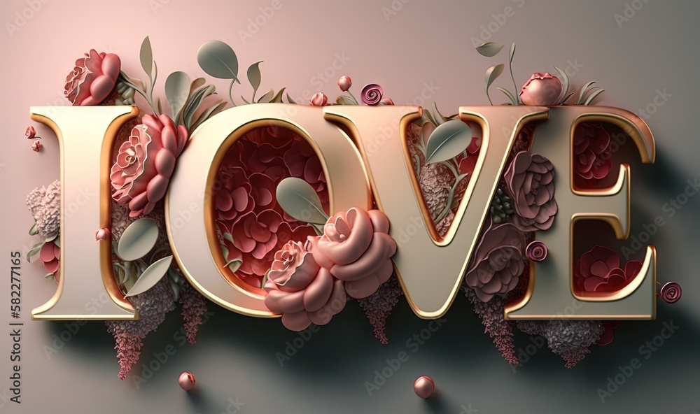  the word love is made up of flowers and leaves on a gray background with a pink background and gold