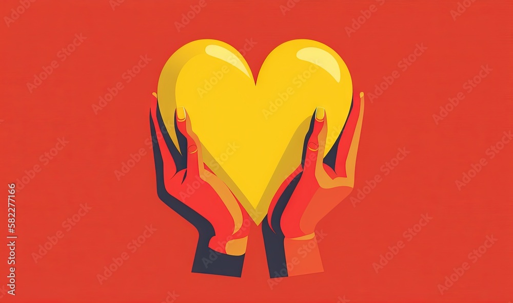  two hands holding a heart shaped object in the middle of a red and yellow background with a red bac