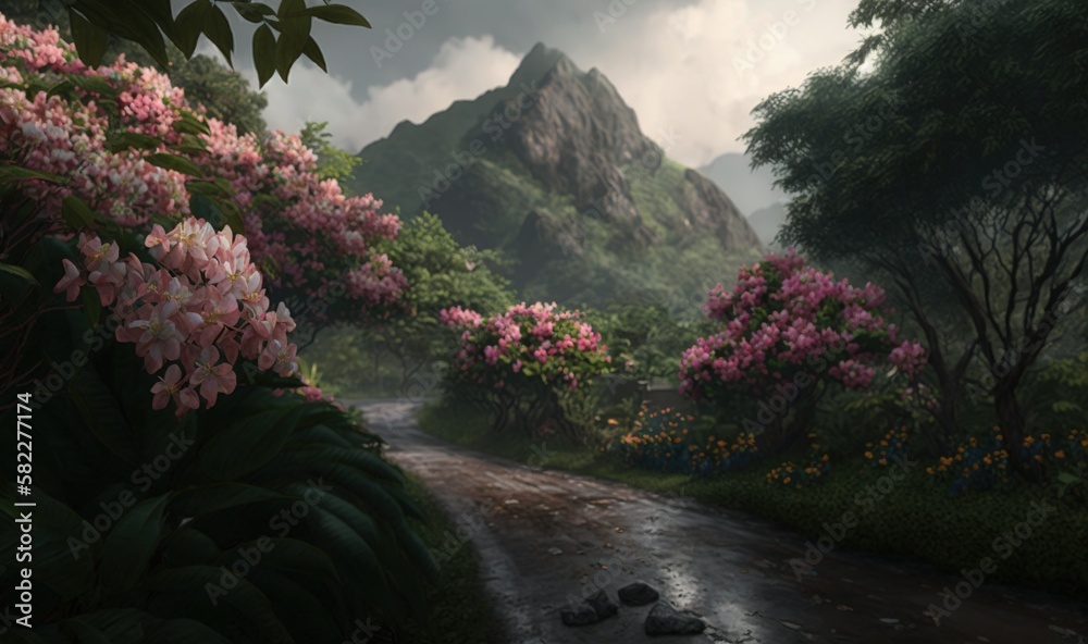  a painting of a road surrounded by trees and flowers with a mountain in the distance with clouds in