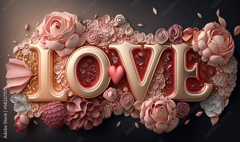  the word love is surrounded by flowers and petals on a black background with a pink rose pattern an