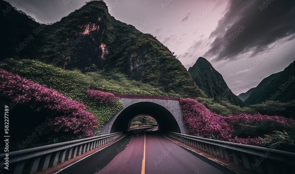  a road going into a tunnel with mountains in the background and purple flowers growing on the side 