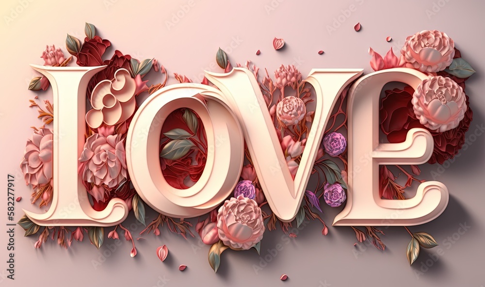  the word love is made up of flowers and leaves on a light pink background with pink petals and gree