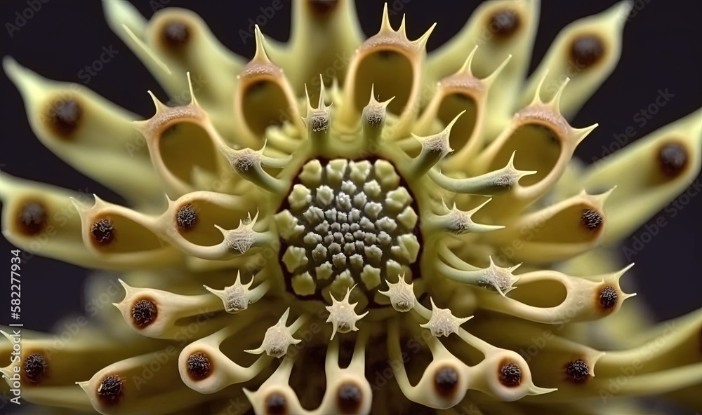  a close up view of a flower with many small flowers on the center of the flower stem and the petals