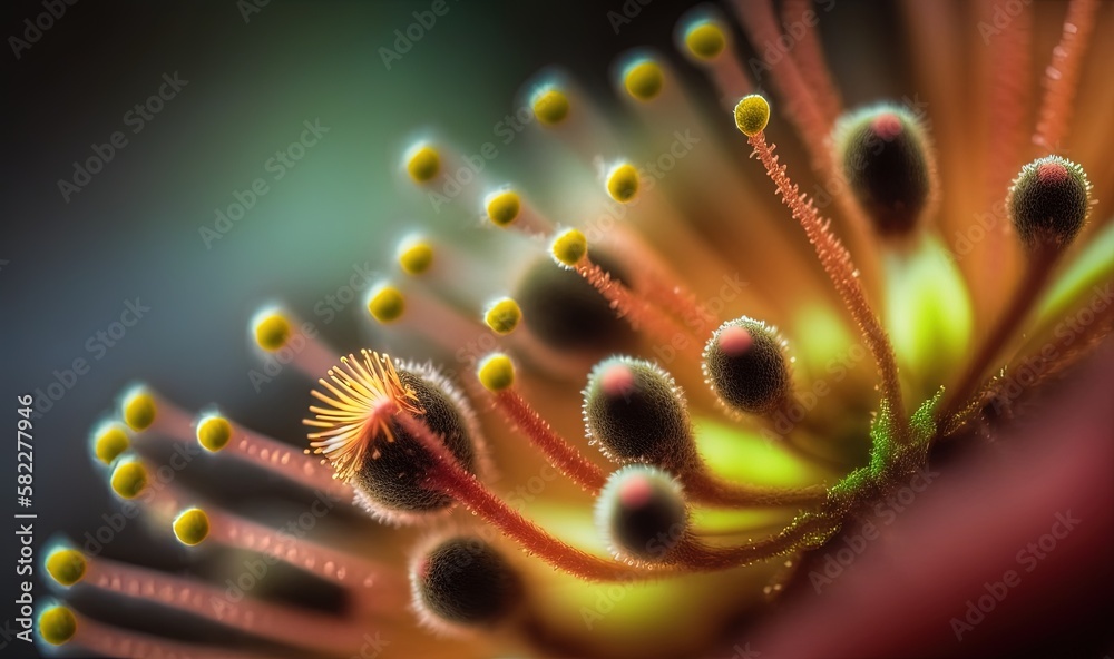  a close up of a flower with yellow and red petals and green tips on the center of the flower, with 