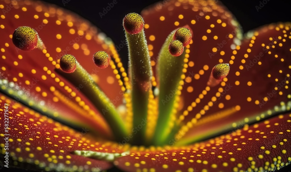  a close up of a red flower with yellow dots on its petals and a green stem in the middle of the ce