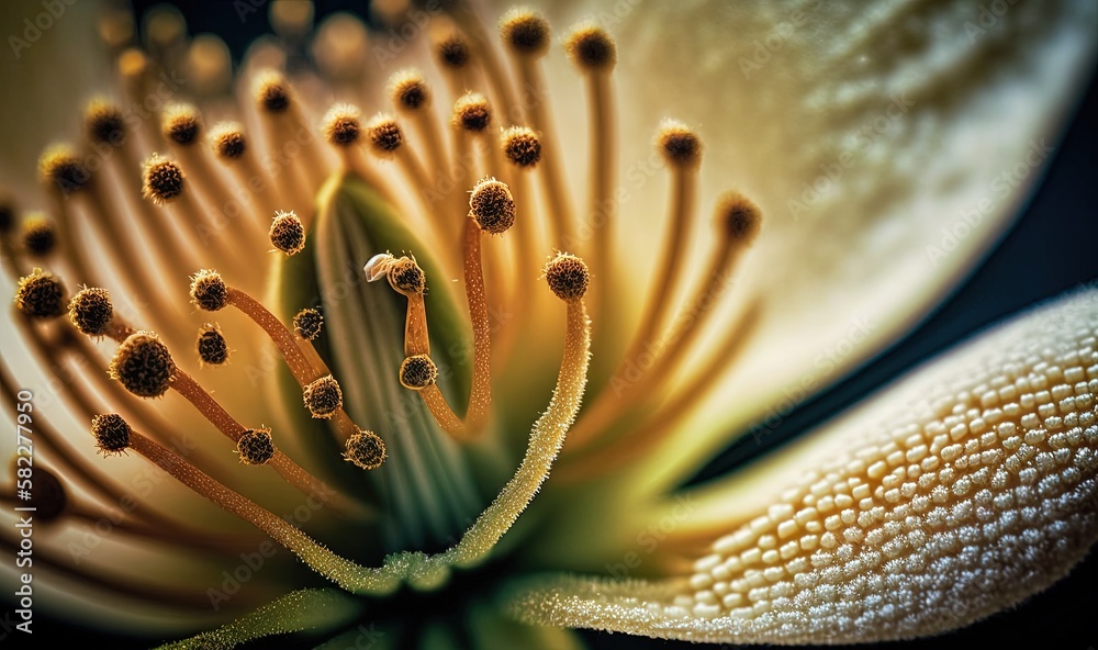  a close up of a flower with water droplets on its petals and stamens on the stamen of a flower hea