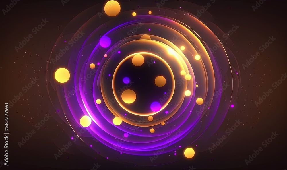  a purple and yellow abstract background with circles and dots in the center of the circle, with a b