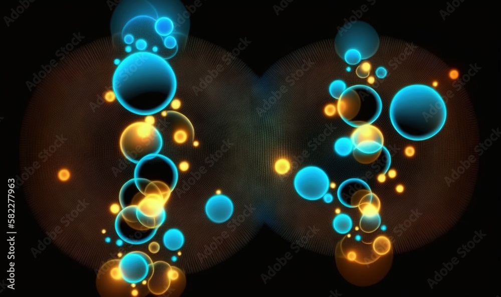  a computer generated image of bubbles and bubbles on a black background with blue and yellow lights