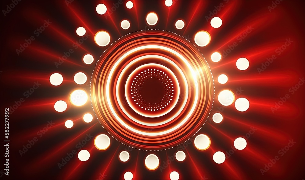  a red and white circle with many lights around it on a black background with a red background and w