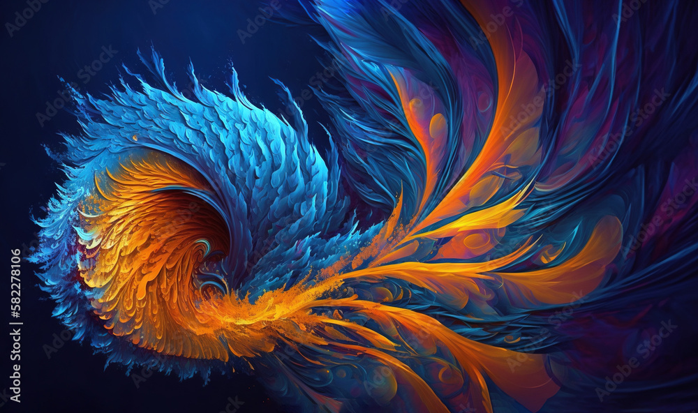  an abstract painting of a blue, orange and yellow bird of paradise with a black background and a bl