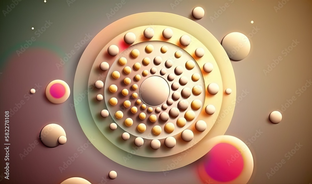  a computer generated image of a circular object surrounded by smaller circles and dots of varying s