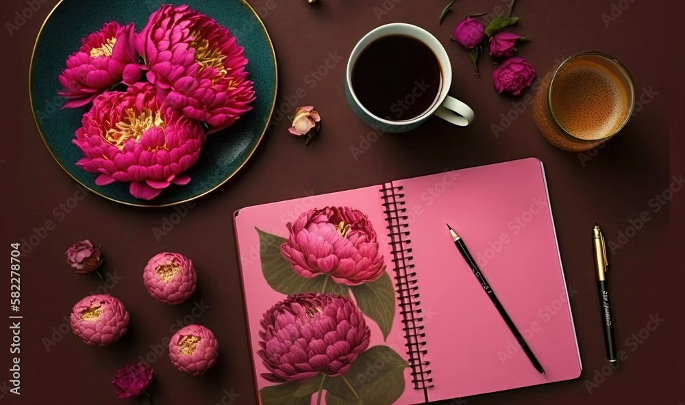  a pink notebook with pink flowers and a cup of coffee on a purple surface with a pink notebook and 