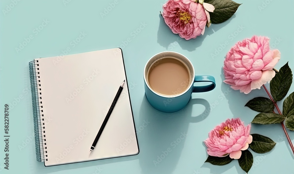  a cup of coffee and a notebook on a blue background with pink flowers and leaves on the side of the