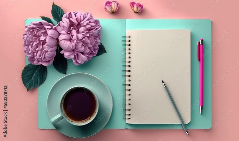  a cup of coffee and a notebook on a pink background with a pink flower and a pink flower head on to