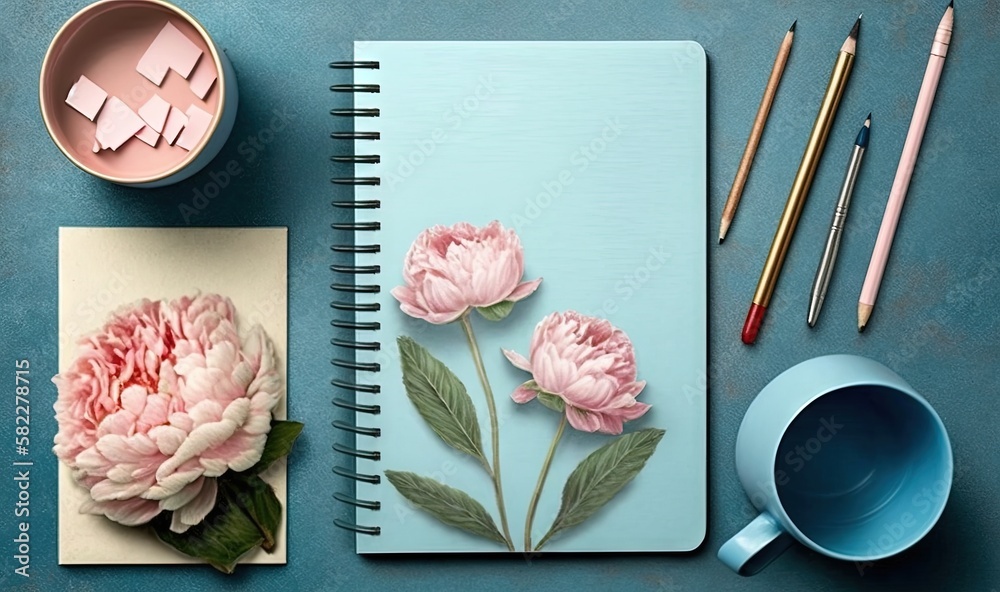  a blue notebook with a pink flower on it next to a cup of coffee and pencils on a blue surface with