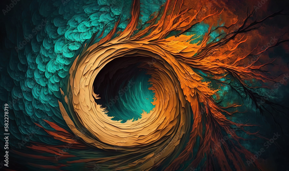  an abstract painting of a wave in orange, blue and yellow colors with a black background and a blac