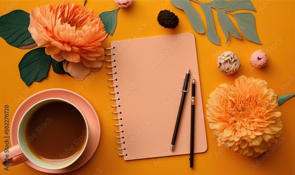  a cup of coffee and a notebook on a yellow surface with flowers and leaves around it, with a pen an