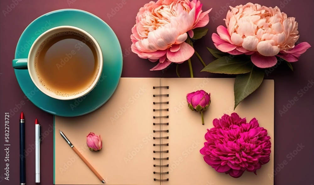  a cup of coffee and a notebook with flowers on a purple background with a pen and a pencil and a fl