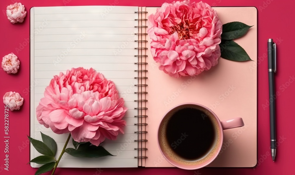  a notebook with a pink flower and a cup of coffee on a pink surface with a pen and a pair of pink p