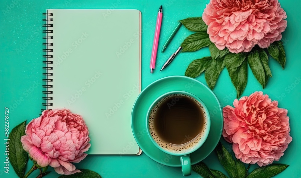  a cup of coffee, a notebook, and pink flowers on a turquoise background with a pen and a pair of sc